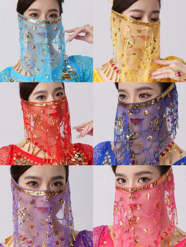 Véu de Rosto para Festa, Acessório de Máscara de Festival para Mulheres, Véu com Franjas de Lantejoulas Cintilantes, Cobertura para Dança do Ventre, Carnaval, Halloween, Fantasia de Natal Mascarada