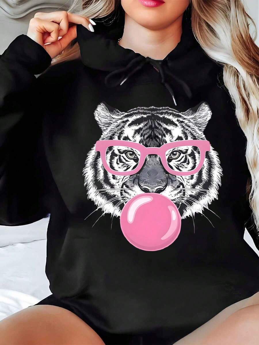 Cute Tiger With Pink Glasses And Bubble Gum Hoodie Women Casual Sweatshirt Fashion Animal Print Pullover Top For Everyday Wear Party Gift - 黑色 - 查看 1