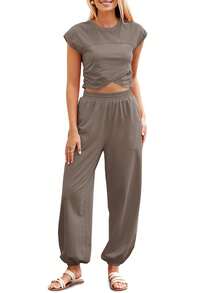 Fisoew Women's 2 Piece Thin & Breathable Style Outfits Summer 2024 Y2K Loungewear Sets Crop Top & Joggers Set Lightweight Tracksuit With Pockets Casual Streetwear - 卡其色 - 查看 1