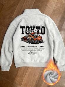 女士秋冬新款休闲拉链套头衫，简约赛车印花，百搭高领设计 - 深花灰 - 查看 3