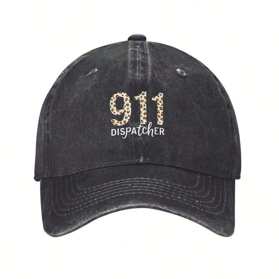 911 Dispatcher Leopard 3 Mens And Womens Washable Hat, Funny Graphic Print Text Letters Unisex Adult Adjustable Baseball Cap, Fashion Casual Sun Hat Washed Denim Baseball Cap Made In USA - Beige - View 1