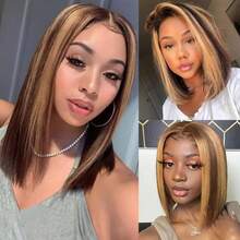 HJ WEAVE BEAUTY Perruque Lace Front 4-27 Highlights 13x4 Bob raide en cheveux humains, densité 180%, courte, brésilienne, pour femmes, raie libre, dentelle transparente, 8-14 pouces, raide comme une os, pré-épilée avec baby hairs - S4/27 - Voir 8