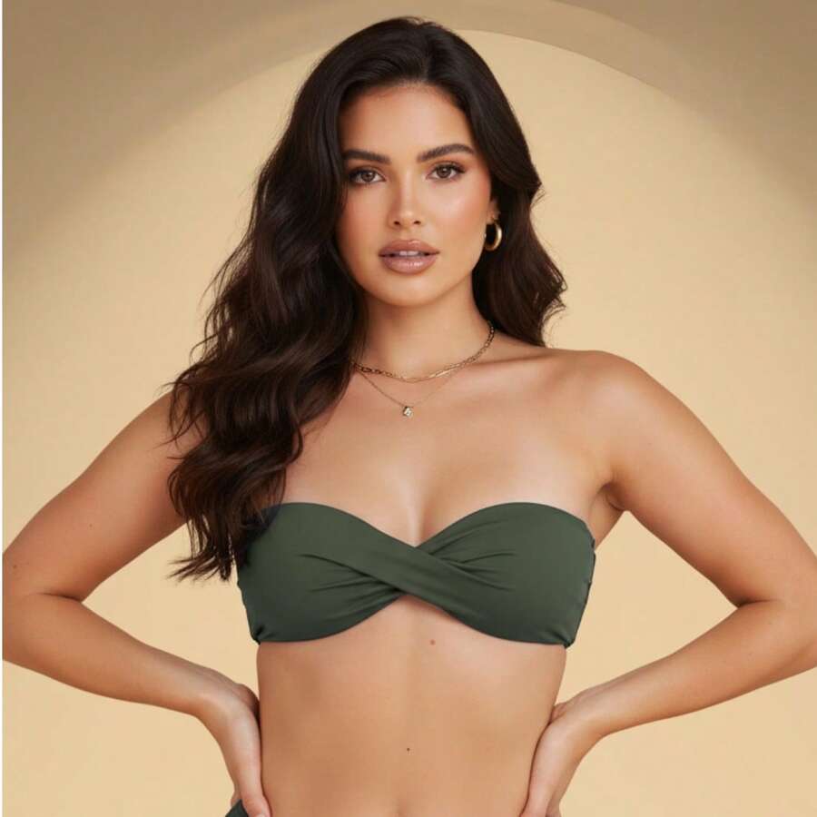 Twisted Strapless Bikini Top With Cups Made Of Polyester Microfiber - xanh quân đội - Xem 1