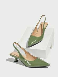 Women's Solid Color Pointed Toe Backstrap Kitten Heel Slingback Mules, Minimalist & Comfortable, Suitable For Everyday, Commute, Formal Occasions, Low Heel, PU Green Work Shoes, Autumn/Winter - Green - View 6