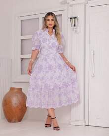 Women's Midi Dress With Embroidered Lace, All-Over Print, Embroidery, Button Detail, Ruffle Detail, Gathered Detail, Suitable For Formal And Evening Wear. - 查看 1