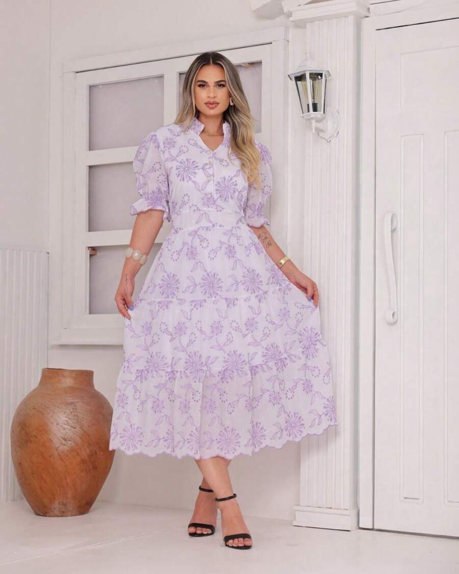 Women's Midi Dress With Embroidered Lace, All-Over Print, Embroidery, Button Detail, Ruffle Detail, Gathered Detail, Suitable For Formal And Evening Wear. - 查看 1