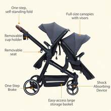 Carriola Doble Tandem para Recién Nacido y Niño, Asiento Reversible, Plegable, Arnés de 5 Puntos, Respaldo y Capota Ajustable, Cesta de Almacenaje, Gris Oscuro – Double Stroller - Gris Oscuro - Ver 4