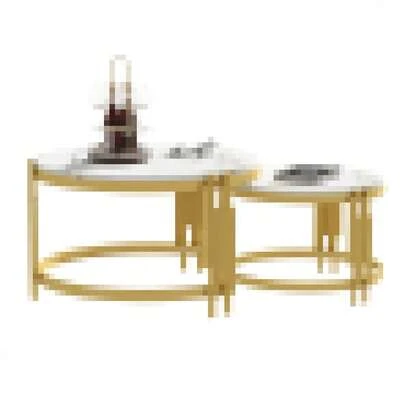Modular Coffee Table Set, Wood Look, Gold Metal Frame, Round Tables In Two Sizes