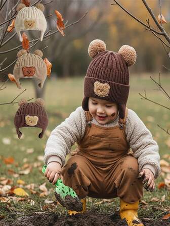1 Adet Sevimli Ayı Kulaklı Örgü Şapka, Sıcak Termal Astarlı, Bebekler ve Yürümeye Başlayan Çocuklar İçin Uygun