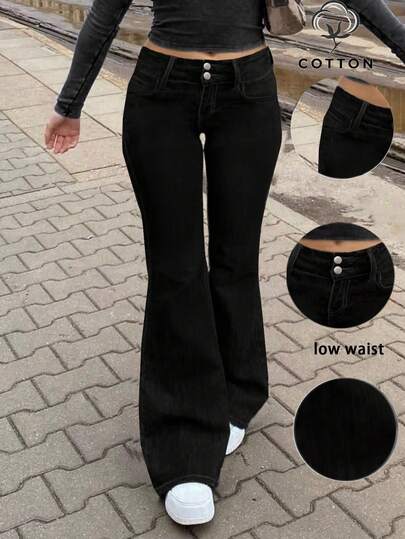 Moderiktiga och eleganta minimalistiska dubbelknäppta slim fit-jeans med utsvängda ben för kvinnor, bantning