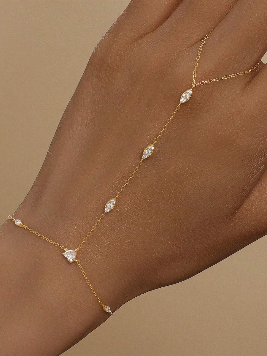 1pc 925 Sterling Silver Exquisite Devil's Eye Ring Bracelet Set, Women's Delicate Cubic Zirconia Bracelet And Ring Chain, Body Jewelry, Suitable For Daily Wear, Wedding, Party, Engagement, Anniversary, Valentine's Day - Gold - View 1