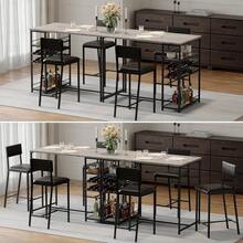 3 Pieces Bar Table Set, Metal Frame Dining Table And 2 Stools, Breakfast Dining Furniture Sets With Wine Racks And Open Shelves For Home Kitchen Pub Cafe - Grey - View 8