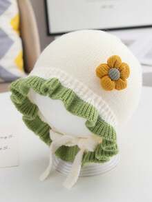 Autumn/Winter Baby Girl Lace Knitted Hat, Cute Princess Earflap Bucket Hat - A Flower - View 13
