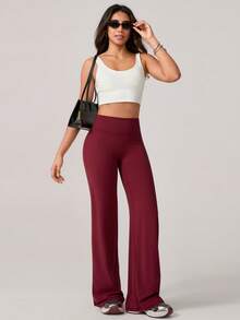 TimeOff 1件装女士极简V领提臀直筒阔腿字母印花弹力腰运动裤 - 酒紅色 - 查看 7