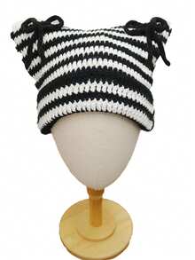 1pc Unisex Hand Knitted Cute Striped Cat Ear Beanie Hat, Autumn Winter Warm Ear Protective Handmade Striped Ski Mask Street Fashion Hip-Hop Couple Headwear - Multicolor - View 60