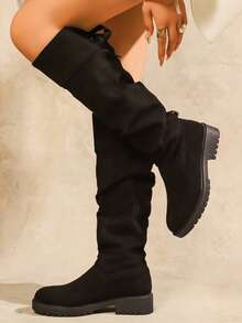 秋冬季加大码女式褶皱系带过膝长靴，粗跟时尚靴，西部风格靴