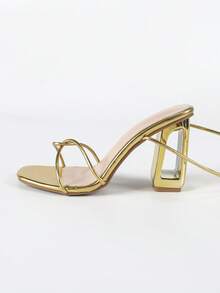 Women's New Fashionable Elegant Sexy Gold Criss-Cross Strap Square Toe Ankle Strap High Heel Sandals, Alluring Metallic Feel For Wedding, Party, Formal Dress, Outdoor, Daily Wear, Chunky Heels,Spring Summer Outfits - Gold - View 6