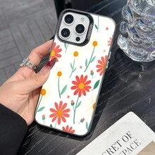 Colorful Silver Apple Phone CaseSeamless Pattern Of Pink And White Daisies With Green StemsCompatible With  11 To  17 Models The Cases Lens Protection Function Ensures The Camera Remains Undamaged During Shooting  Guaranteeing Image Quality - Black - View 1