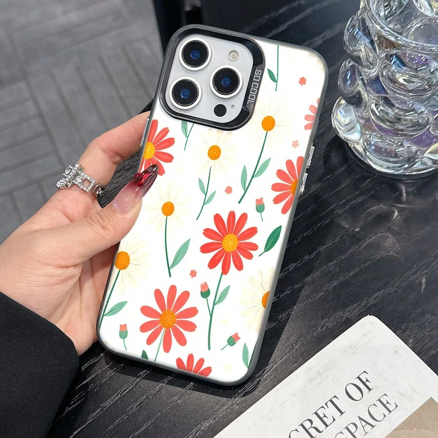 Colorful Silver Apple Phone CaseSeamless Pattern Of Pink And White Daisies With Green StemsCompatible With 11 To 17 Models The Cases Lens Protection Function Ensures The Camera Remains Undamaged During Shooting Guaranteeing Image Quality - Black - View 1