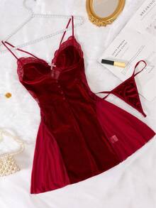 2 件性感女士睡衣套装，蕾丝拼布透视吊带睡衣和内裤 - 酒紅色 - 查看 11