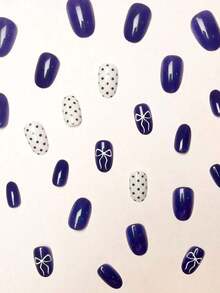 24pcs/Set Minimalist Style Medium Oval Press-On Nails, Vintage Brown Plaid Polka Dot Bow Design, Suitable For Girls And Women For Daily Dates And Parties Nail Supplies - 彩色 - 查看 6