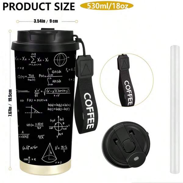 1pc Math Theme Insulated Travel Mug, Leak-Proof Lid With Handle, Keeps Hot/Cold Drinks Temperature For Long Time, Ideal Gift For Mathematicians, Teachers, Students - 18oz Stainless Steel Cup, Math Formula Print Design Suitable For College Math Majors, Math Clubs, Math Enthusiasts - Black Coffee Cup