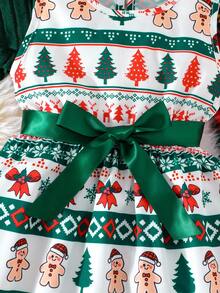 Girls Christmas Outfit Ruffle Hem Jacket Paired With Sleeveless Snowman & Christmas Tree Print Dress, Elegant Girls 2 Pieces Holiday Party Wear - Green - View 9