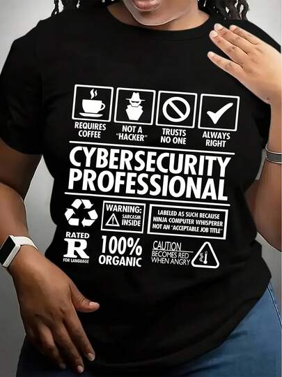 Organic  Cybersecurity Professional T-Shirt For Women - Casual Knit Fabric, All-Season, Plus Size, Crew Neck, Alphabet Pattern,