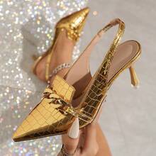 Sandalias de tacón alto doradas, zapatos casuales de mujer con tira trasera sin talón para fiesta de verano, boda, tacones altos de cadena metálica de moda con punta cerrada, calzado formal y casual de talla grande - Dorado - Ver 11