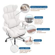 Chaise de jeu GTPLAYER, chaise de jeu, chaise de bureau ergonomique avec repose-pieds, surface en tissu, coussin d'assise à ressorts, chaise de jeu rembourrée, fauteuil de jeu capacité de charge 150 kg - Blanc - Voir 5