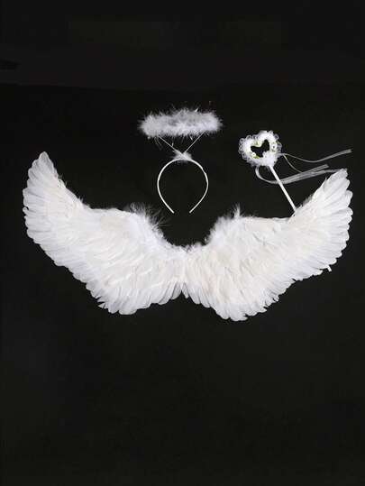 3pcs Angel Costume Accessory Set - Faux Feather Wings, Fairy Wand And Headband - Ideal For Parties, Festivals, Christmas, Birthdays - Party Dress Up Prop, Includes Feather Wings, Headband And Wand, Random Colors.