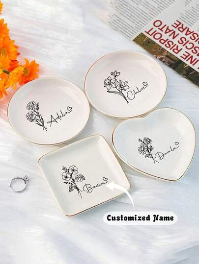 1 pieza Bandeja personalizada para anillos con nombre, bandeja personalizada para joyas, bandeja personalizada para anillos, bandeja personalizada para joyas, soporte para anillos de boda, bandeja para anillos con elementos decorativos florales, regalo de compromiso, regalo de boda, regalo de despedida de soltera