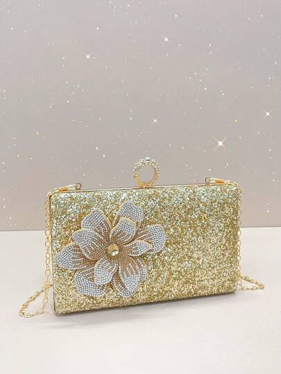 1pc Glittering Gold Women's Evening Clutch Bag, Embellished With Beautiful Diamond Flower Decor, Glamorous Sparkle Suitable For Formal Occasions, Portable Makeup Bag, Wallet, Business, Commute, Comes With Detachable Shoulder Strap For Gala, Party, Wedding