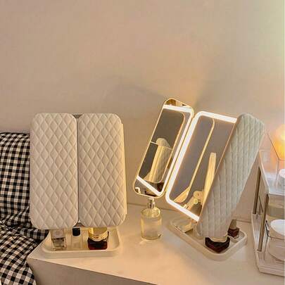 1个三折LED化妆镜，带支架和3种颜色灯光，可折叠梳妆镜，触摸调光，女士礼物（白色/粉色）