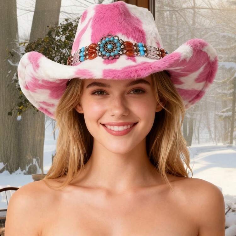 Gorro vaquero cálido de felpa con estampado de vaca para mujer, gorro occidental con cinturón de cuentas, gorra de jazz moderna para actividades al aire libre en invierno. - Rosa - Añade 1
