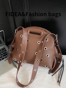 New Fashion Women's Oblique Shoulder Bag, Solid Color Minimalist Tassel High-End PU Rivet Hollow Out Decor Chic Elegant, Can Be Worn As Shoulder Or Handbag, Suitable For Dating, Shopping, Versatile And Exquisite