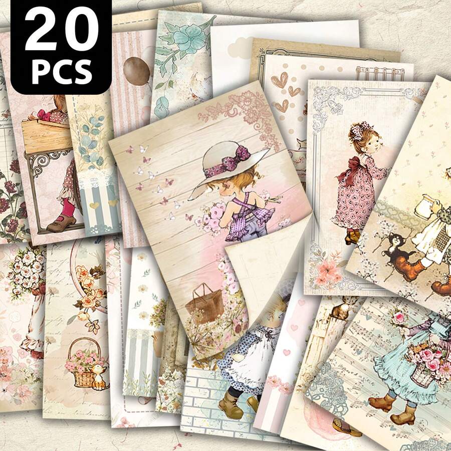 20pcs Vintage Hand-Drawn Style Postcards Set, Cute Girl Illustration, Cartoon Characters & Scenery, Holiday Greeting Cards, Retro Nostalgic Postcards, Student Scrapbooking Decorative Cards, Cartoon Girl Pattern Postcards, Mailable Greeting Cards