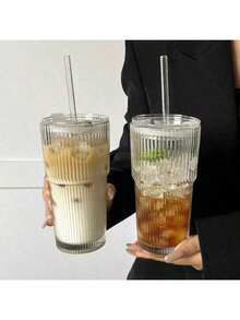 1 Set Of Striped Glass Cup With Straw And Lid, High-Quality Premium 600ml Coffee And Juice Cup, Suitable For Home, Office, Beach, Parties, Multipurpose Beverage Container For Coffee, Tea, Milk