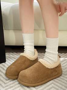 女士冬季保暖毛绒内衬防滑拖鞋，舒适家居鞋，毛绒靴 - 杏色 - 查看 1