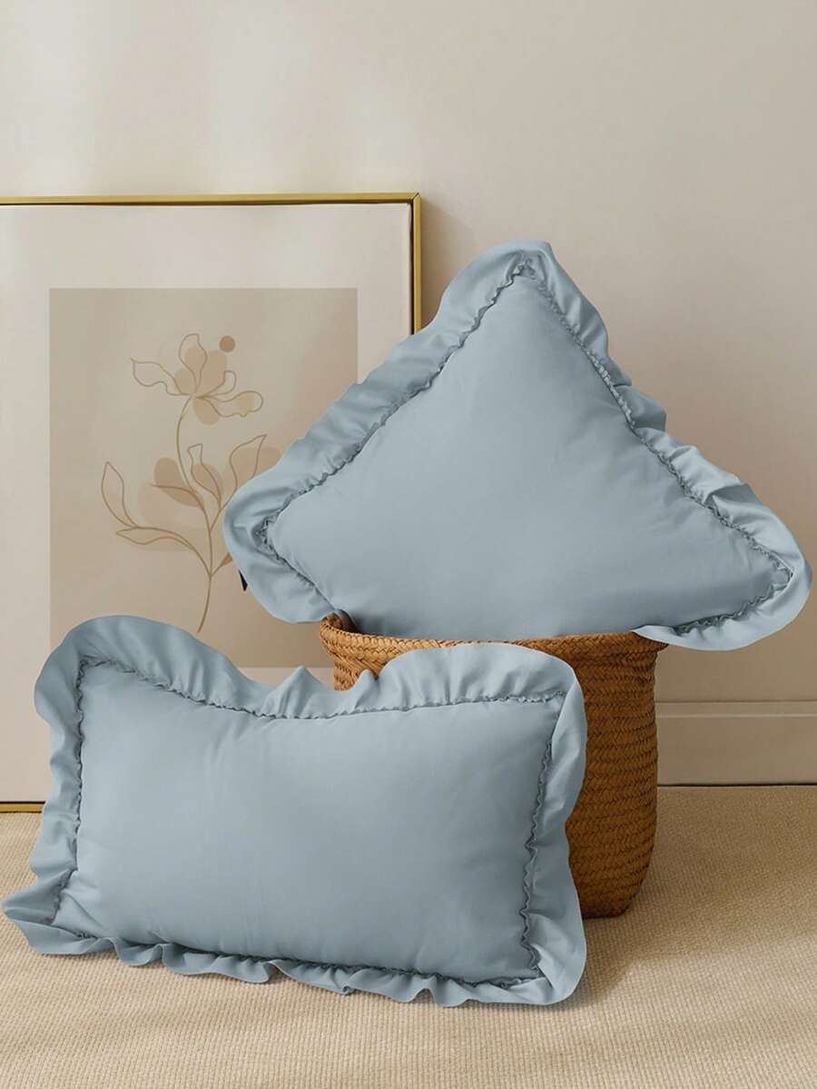 1pc Romantic French Style Ruffled Quilted Envelope Without Filler, Chic Romantic Decorative Throw Pillowcase For Bedroom/Dorm/Sofa/Couch, Gift For Lover, Friend. Machine Washable. Oeko-Tex Certified. Dusty Blue - Dusty Blue - View 1