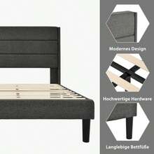 Upholstered Bed 90 X 200 Cm, Bed Frame With Slatted Frame & Headboard, Upholstered Double Bed, Textile Cover Linen In Grey, Timeless Modern Design, Youth Bed - Grey - View 4