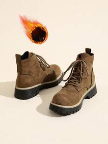 女士复古牛仔靴，厚底机车靴，秋冬百搭保暖厚底靴，休闲时尚保暖踝靴 - 棕色 - 查看 11