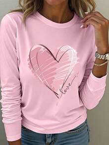 2026EMERY ROSE Heart-Shaped Printed Round-Neck Long-Sleeved Shirt, Suitable For Romantic Valentine's Day Patterned T-Shirt Women's Top, Suitable For Spring Clothing And Autumn Women's Wear,Valentine's Day Hoodie For Couples,New Years Outfit Women,Women's Tops - 粉紅色 2 - 查看 6