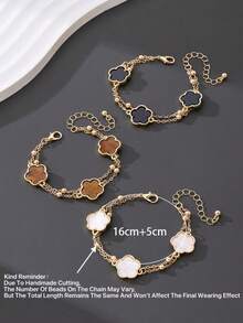 3件套经典黑、白、棕幸运草叠戴手链套装，女士款，可叠戴/自由组合（由于手工裁剪，珠子数量可能略有不同，但最终长度保持不变） - 彩色 - 查看 6