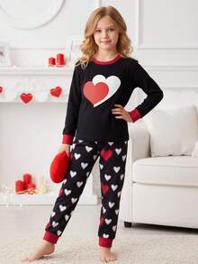 Valentines Day Matching Family Pajamas Set Stylish Love Heart Pattern Family Matching Outfits - Black - View 5