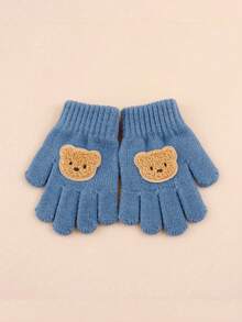 1 双儿童冬季保暖针织手指手套，男孩女孩可爱熊图案全指手套，适合 3-8 岁