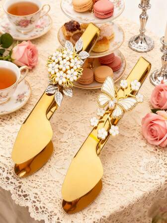 [1PC -2PCS]Luxury Gold Food Tongs With Flower & Butterfly Decoration, Elegant Dessert Tongs For Afternoon Tea, Wedding & Party, High-End Serving Tongs For Kitchen