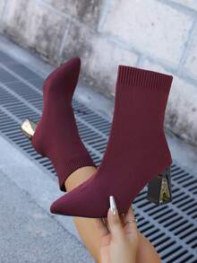 Elegant Solid Color All-Match Stretch Boots, New Autumn/Winter European And American Style, Pointed Toe Knit Plus Size Boots, Wine Red, Slim High Heel Mid-Calf Boots, Fashion Versatile Dance Shoes For Women - Thick Heel Burgundy - View 2