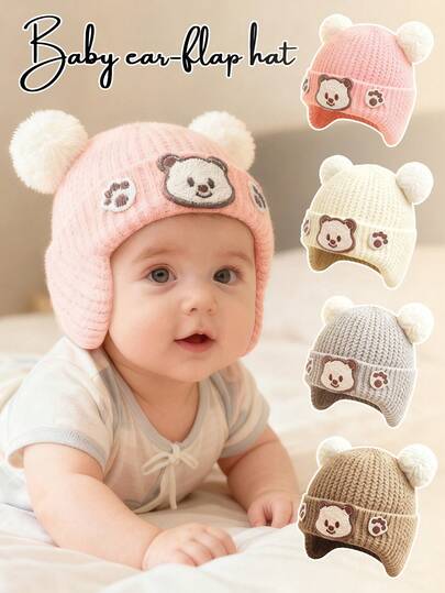 1pc 0-6 Months Baby Cartoon Bear Pom Pom Decorated Earflap Knit Hat, Warm & Versatile Cute Newborn Winter Cap, Suitable For Holiday Gifts And Daily Outdoor Use