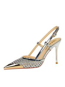 Fashionable Hollow Woven Stiletto Heels Sandals, Metallic Pointed Toe Strap High Heels, Elegant Party Shoes For Women